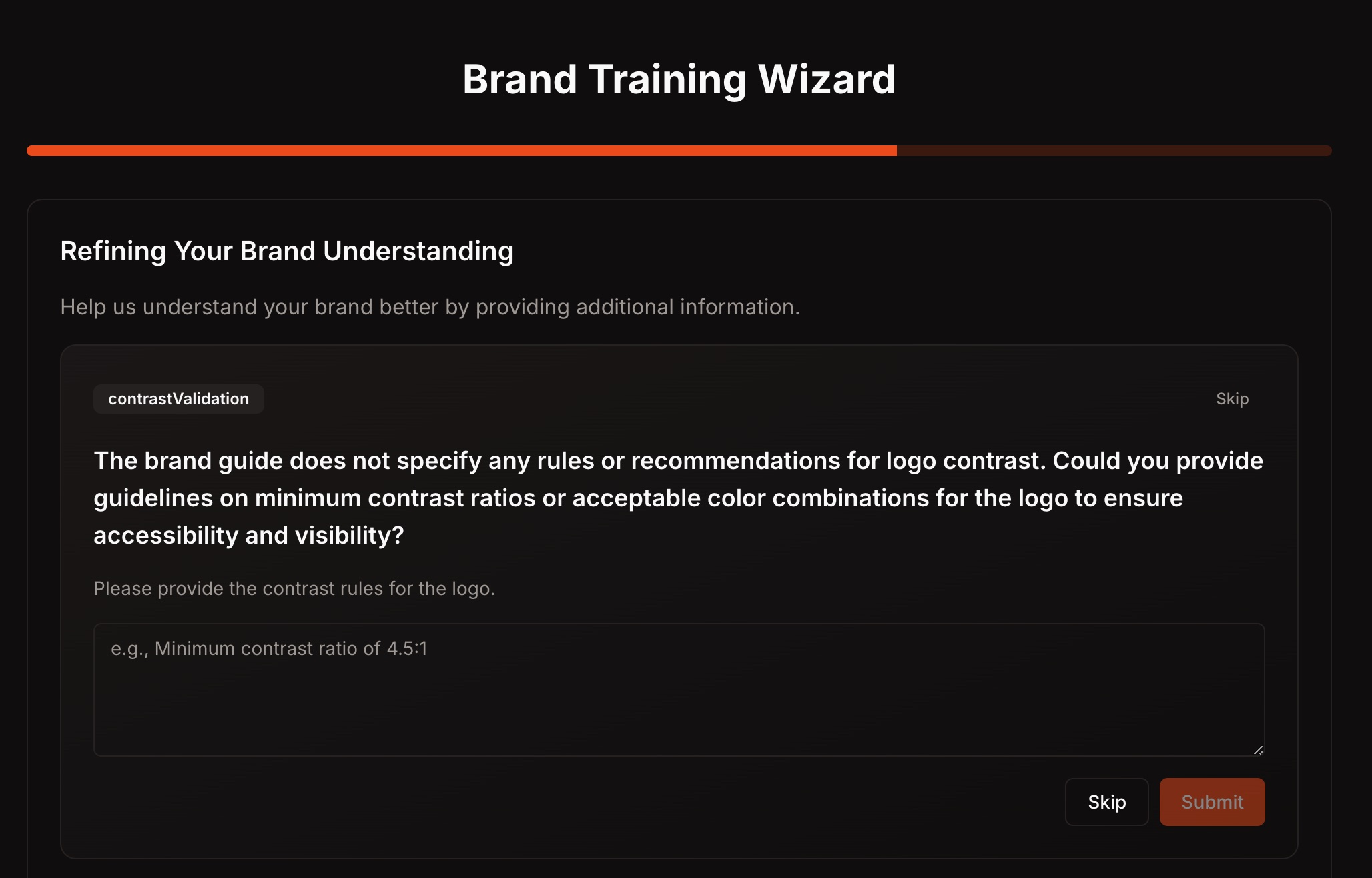 Answer clarifying questions: Example of how BrandPatrol prompts users to refine vague brand inputs for better model accuracy.