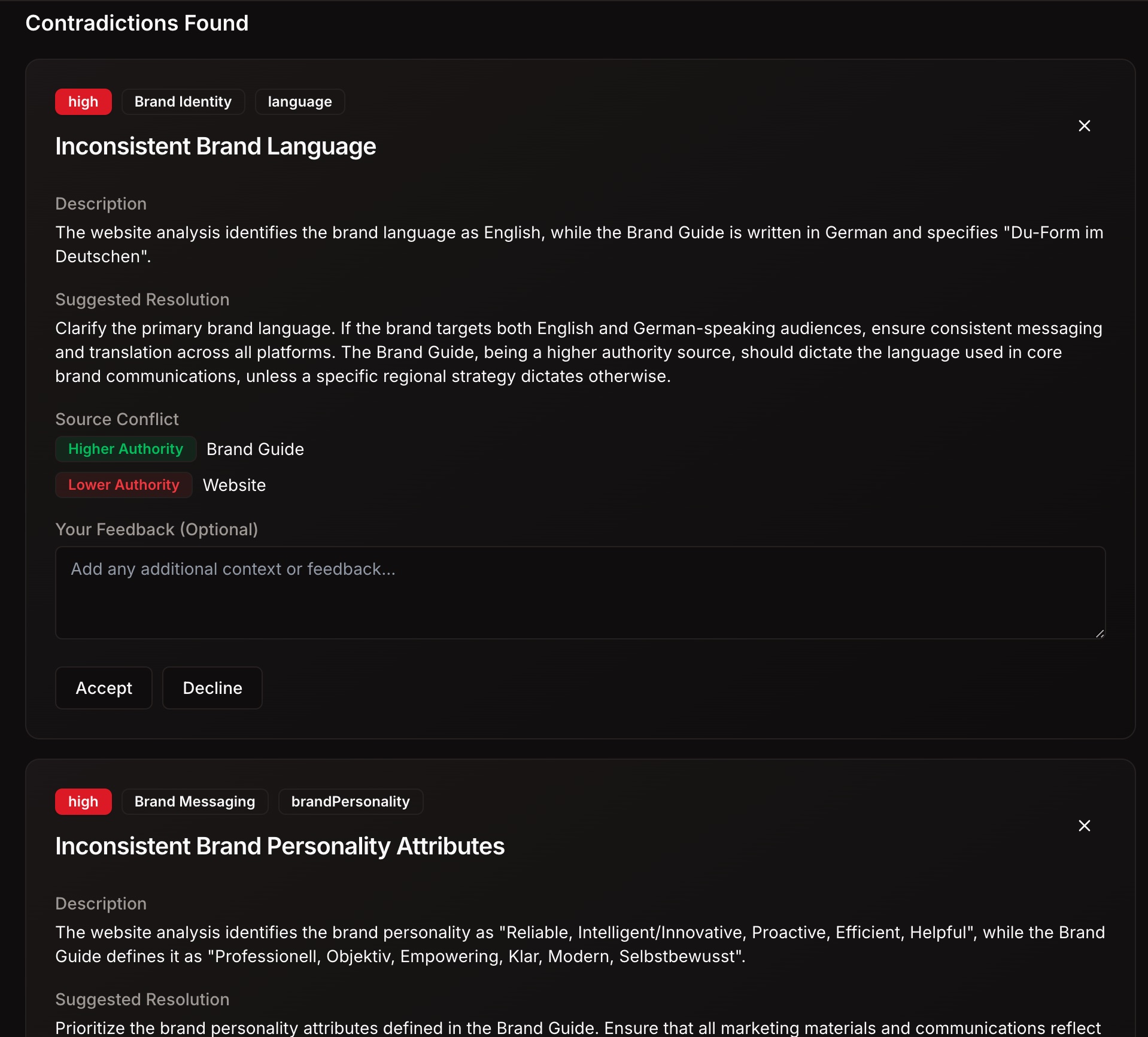 Resolve contradictions: Example of how BrandPatrol highlights and explains detected inconsistencies between brand assets, including source authority and resolution options.